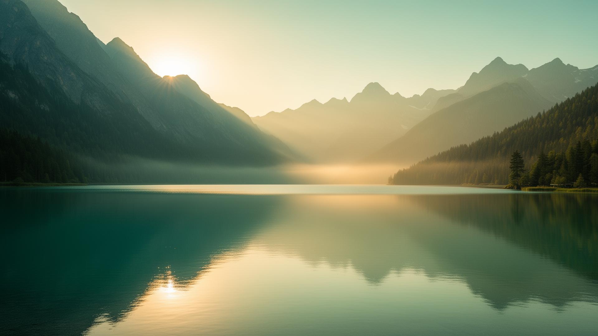 Calm mountain lake at sunrise